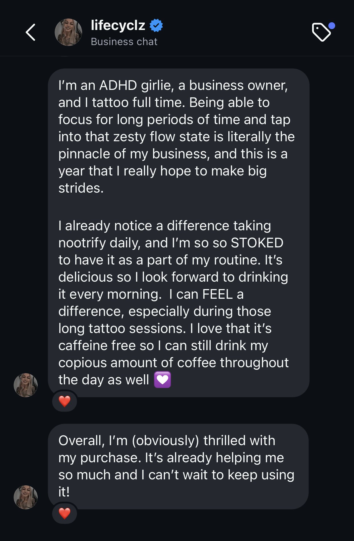 Customer DM screenshot