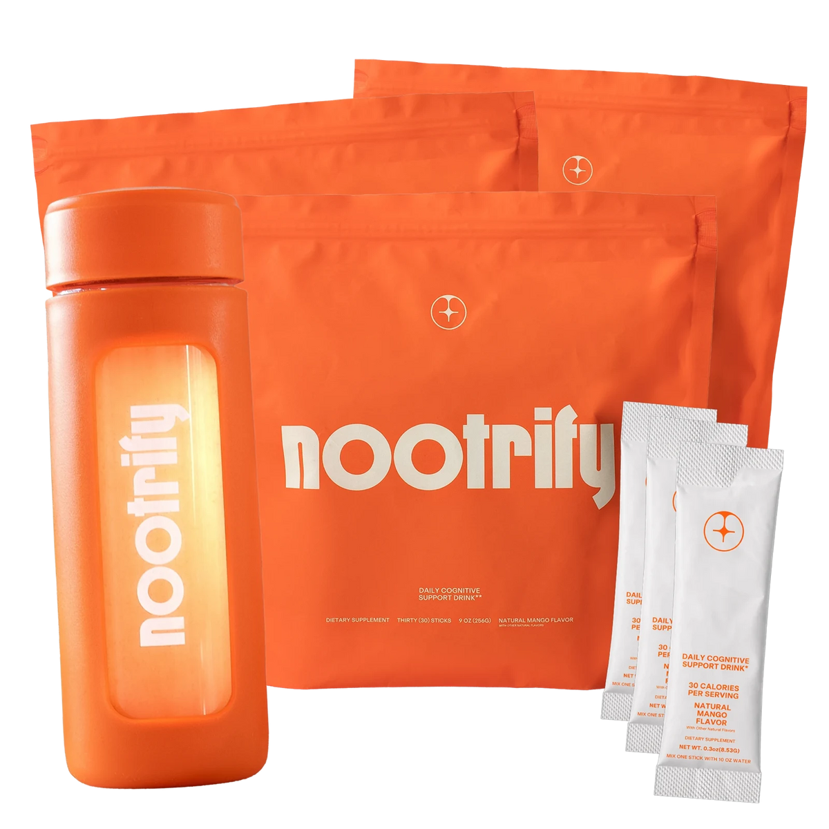 Three Nootrify bags, a glass bottle and stick packs
