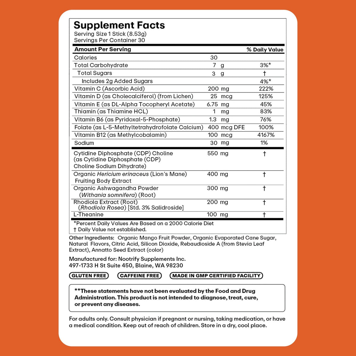 Nootrify supplement facts panel